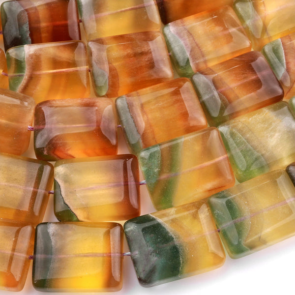 Natural Rainbow Fluorite Rectangle Beads Golden Yellow Green Gemstone 15.5" Strand