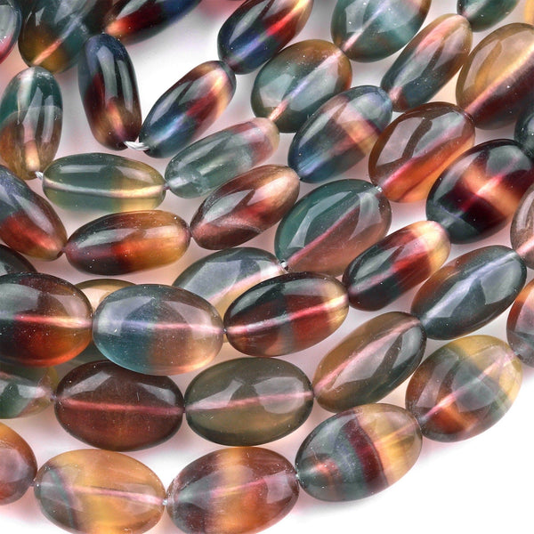 Natural Rainbow Fluorite Oval Beads Golden Honey Yellow Green Gemstone 15.5" Strand