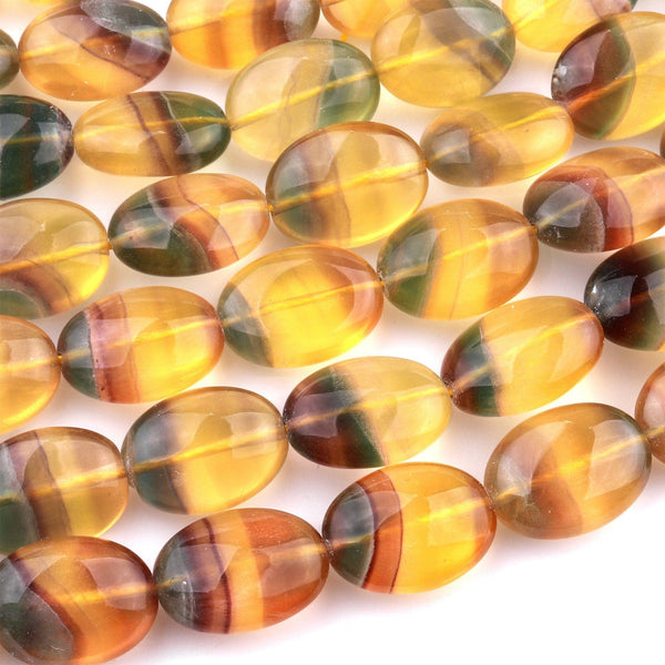 Natural Rainbow Fluorite Oval Beads Golden Yellow Green Mauve Gemstone 15.5" Strand