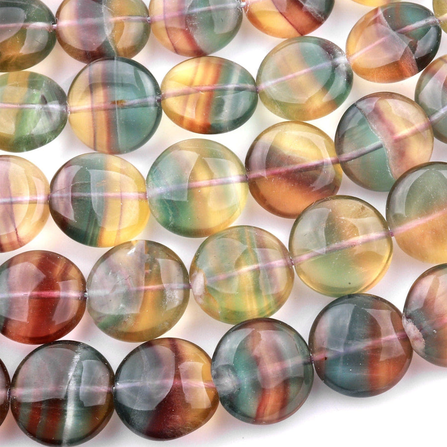 Natural Rainbow Fluorite Coin Beads Golden Yellow Green Mauve Gemstone 15.5" Strand