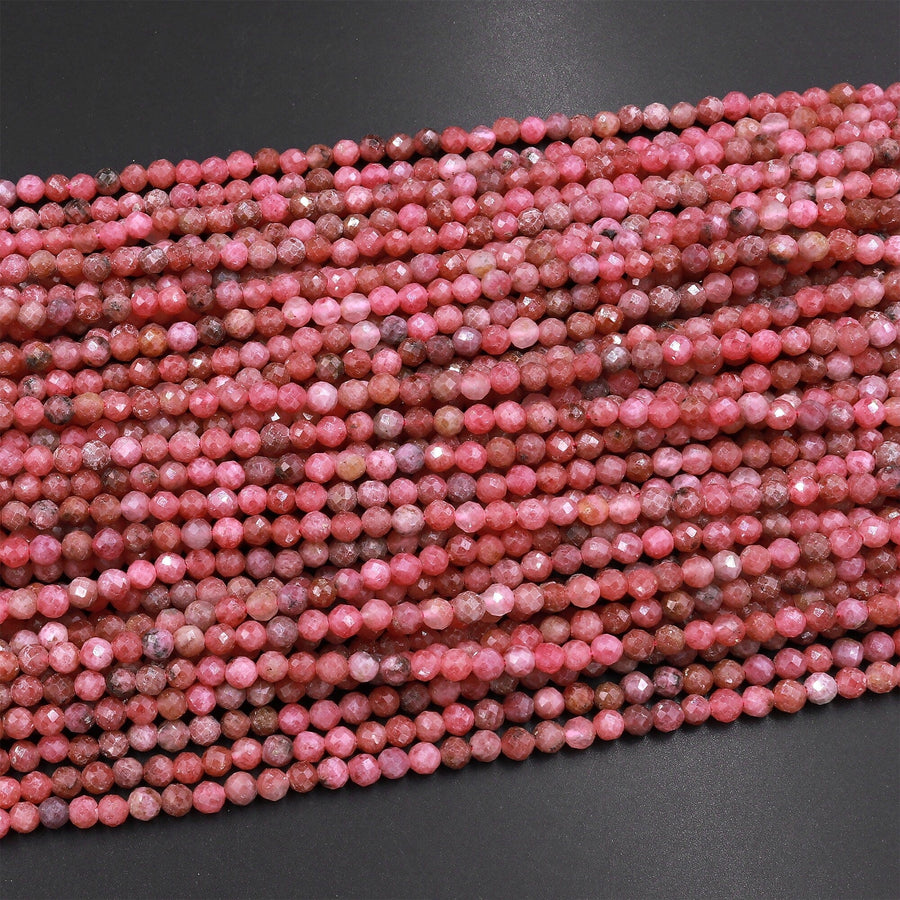 Faceted Natural Pink Red Thulite 2mm 3mm 4mm Round Beads Micro Diamond Cut Gemstone From Norway 15.5" Strand