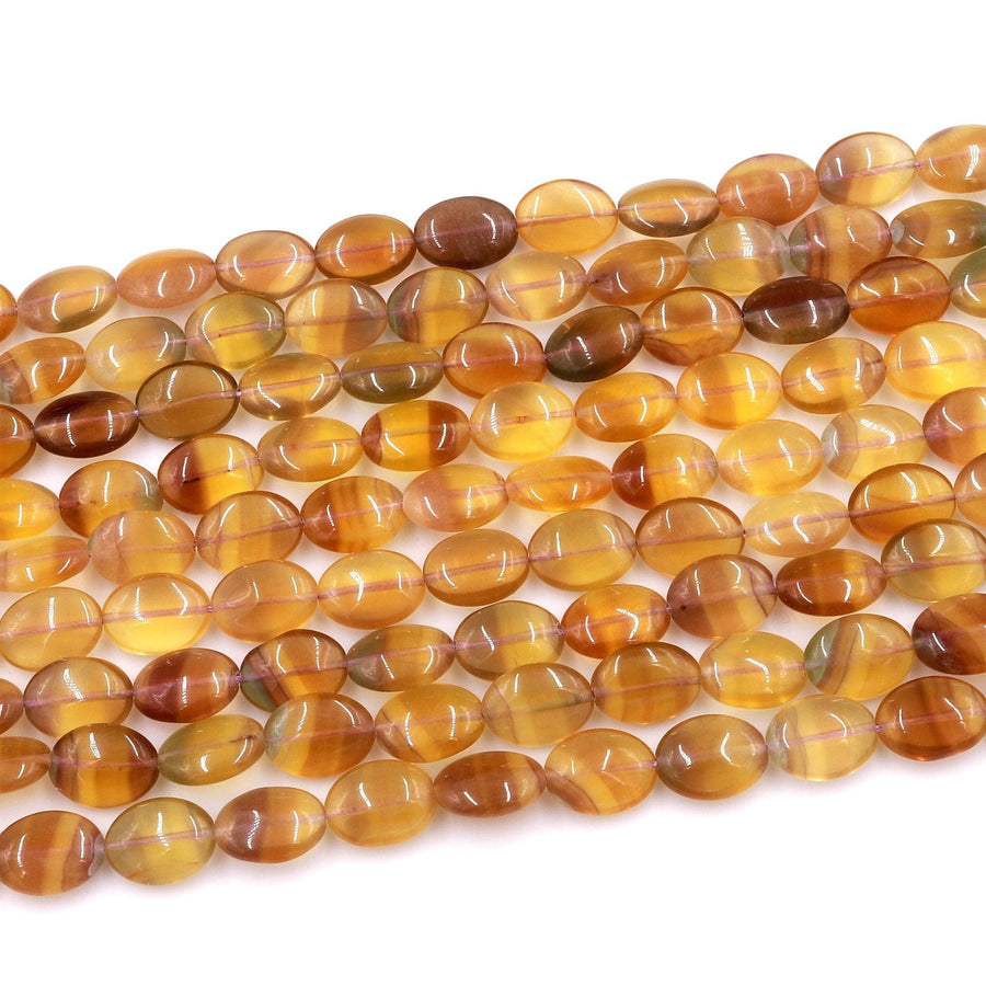 Natural Rainbow Fluorite Oval Beads Golden Yellow Mauve Gemstone 15.5" Strand