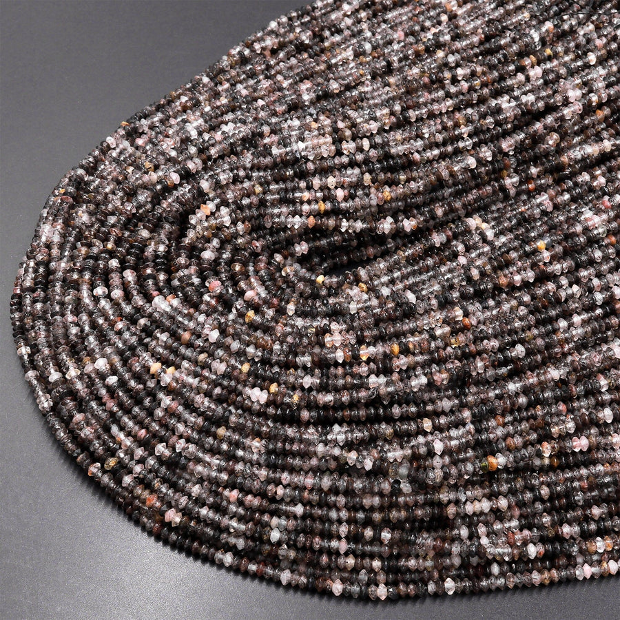 Natural Black Tourmaline Rutile Quartz Faceted 3mm Saucer Rondelle Beads Micro Laser Diamond Cut Gemstone 16" Strand