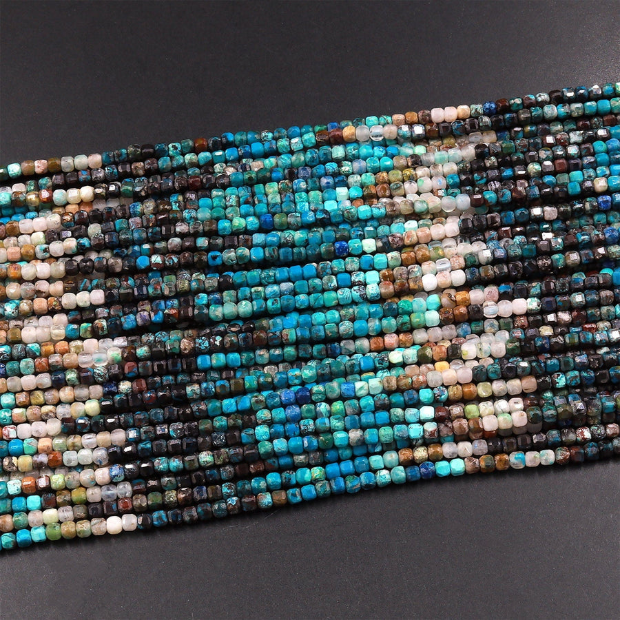 AAA Natural Arizona Chrysocolla Azurite Faceted 2mm 3mm Cube Dice Square Beads Micro Laser Diamond Cut 15.5" Strand