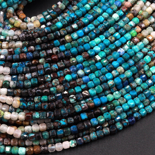 AAA Natural Arizona Chrysocolla Azurite Faceted 2mm 3mm Cube Dice Square Beads Micro Laser Diamond Cut 15.5" Strand