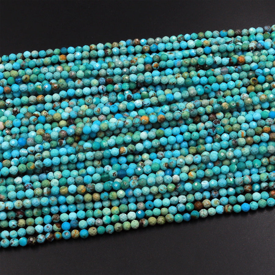 AAA Natural Turquoise 3mm Faceted Round Beads Real Genuine Vibrant Blue Turquoise Micro Diamond Cut 15.5" Strand