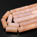 Large Hand Carved Natural Peach Aventurine Tube Beads Ancient Fortune Wealth Symbol 15.5" Strand