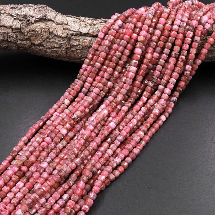 Micro Faceted Natural Pink Red Thulite 4mm Cube Beads Diamond Cut Gemstone From Norway 15.5" Strand