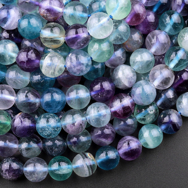 Natural Fluorite Beads 6mm 8mm 10mm Round Purple Green Blue Gemstone 15.5" Strand