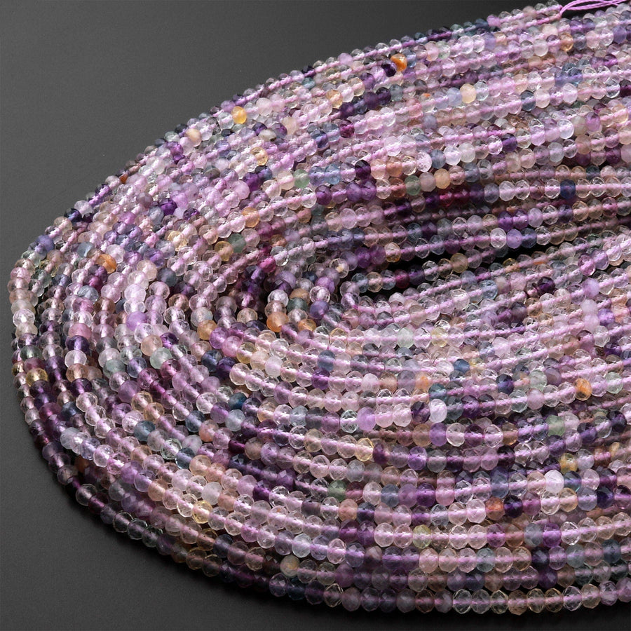 Natural Rainbow Fluorite Faceted 4mm Rondelle Beads Micro Laser Cut Multicolor Gemstone Beads 15.5" Strand