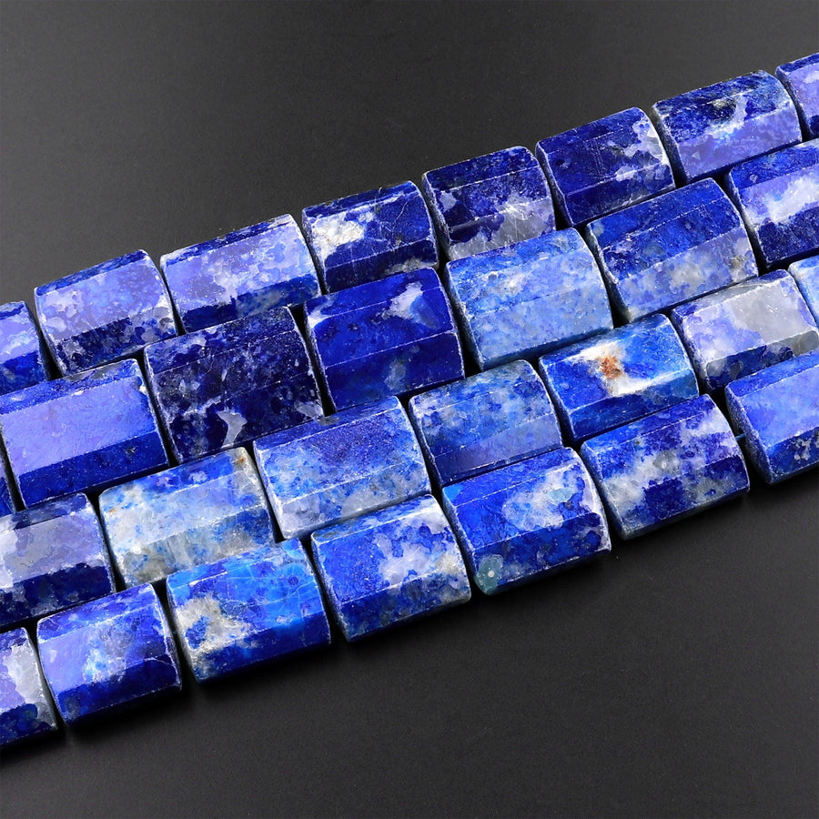 Faceted Natural Snow Mountain Blue Sodalite Nuggets Large Chunky Faceted Flat Rectangle Beads 15.5" Strand