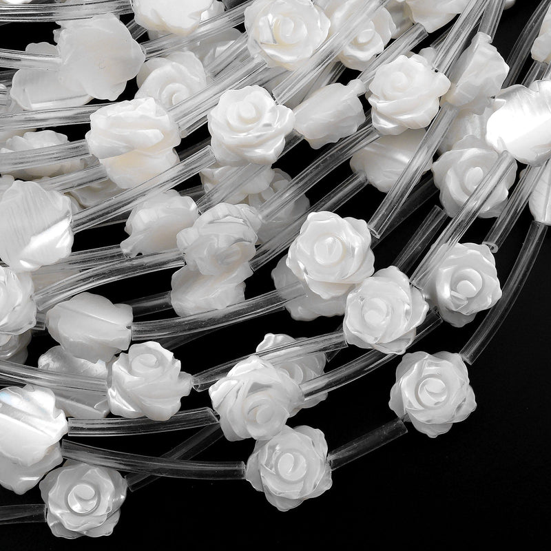 AAA Iridescent Hand Carved Natural White Mother of Pearl Shell Rose Flower Beads 8mm 10mm 12mm 15.5" Strand