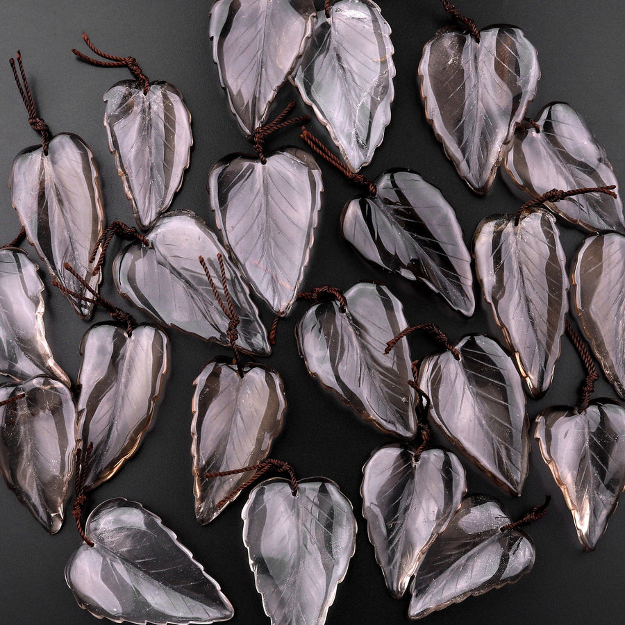 Hand Carved Natural Smoky Quartz Leaf Pendant Bead Drilled Gemstone