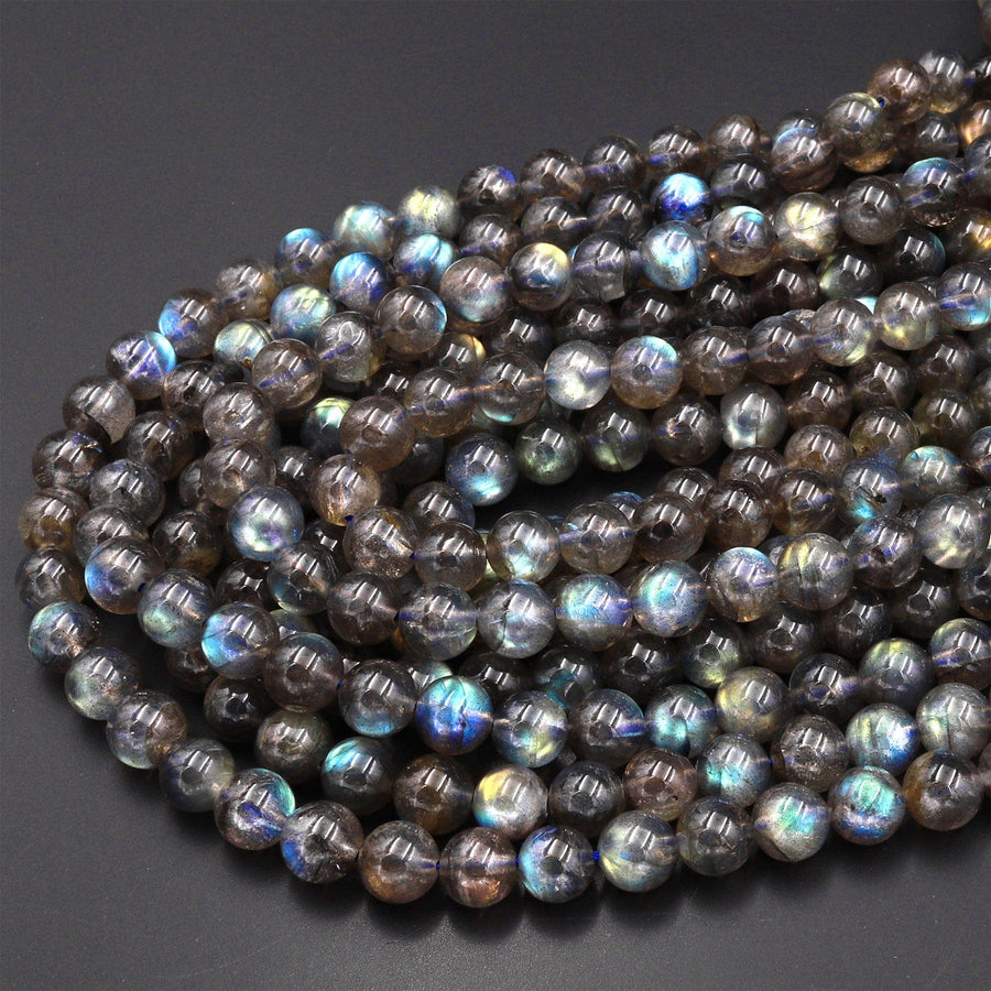 Natural Labradorite 4mm 5mm 6mm 7mm 8mm 9mm 10mm Round Beads Golden Green Flashes 15.5" Strand