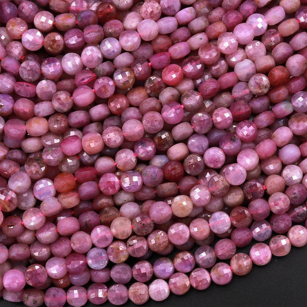 Real Genuine Natural Pink Ruby Gemstone Faceted 4mm Coin Beads 15.5" Strand