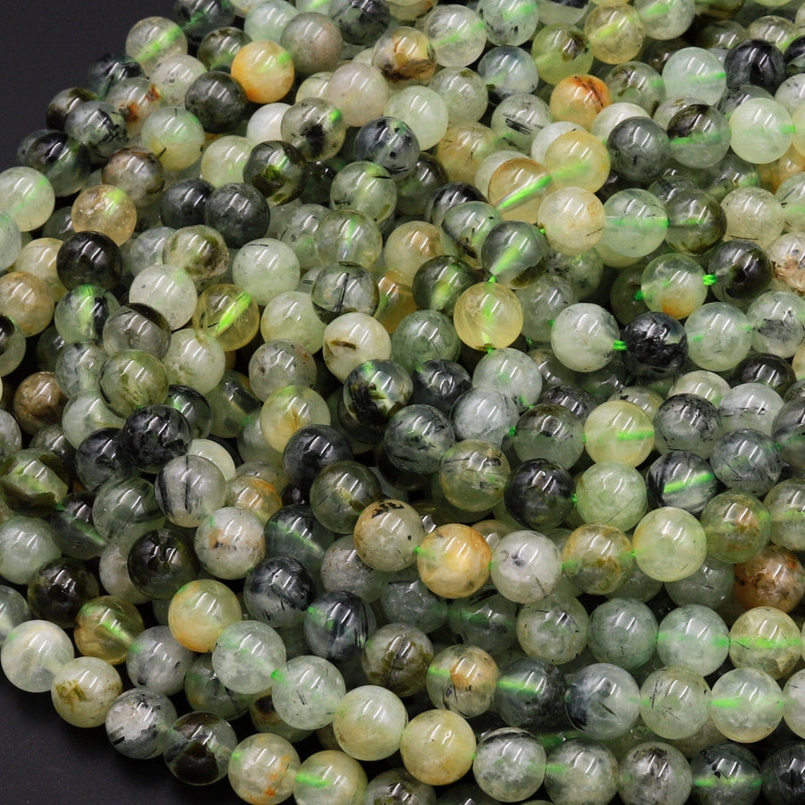 Natural Green Prehnite 4mm 6mm 8mm 10mm Smooth Round Beads With Green Tourmaline Matrix 15.5" Strand