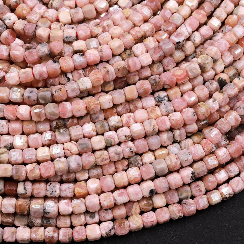 Natural Pink Rhodochrosite Faceted 3mm Cube Square Dice Beads 15.5" Strand