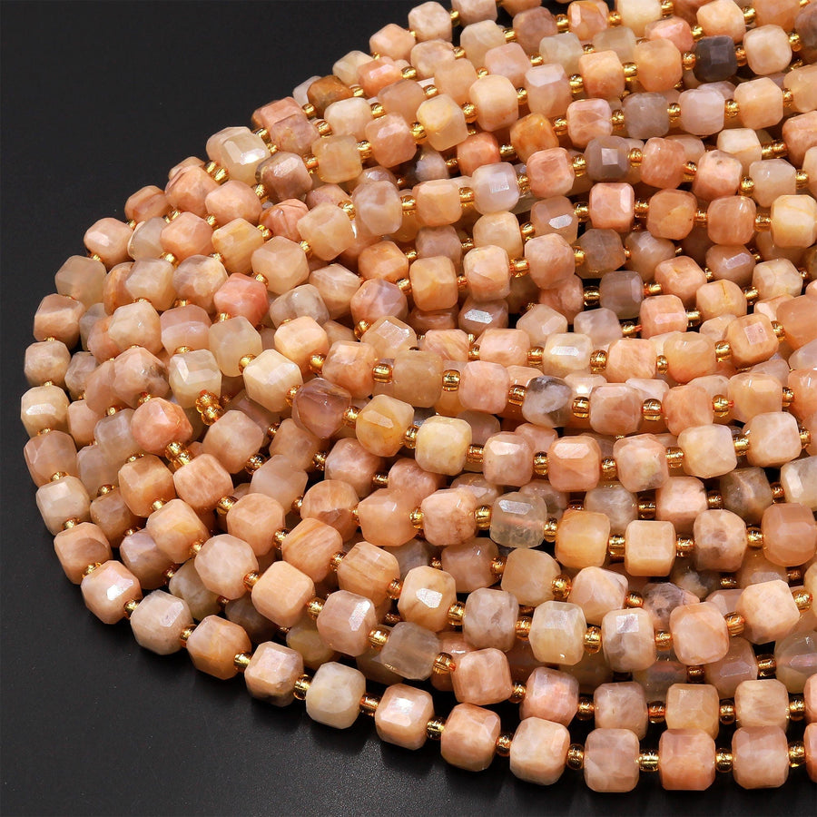 Natural Golden Yellow Moonstone Faceted 6mm 8mm Cube Dice Square Beads Micro Laser Diamond Cut Gemstone 15.5" Strand