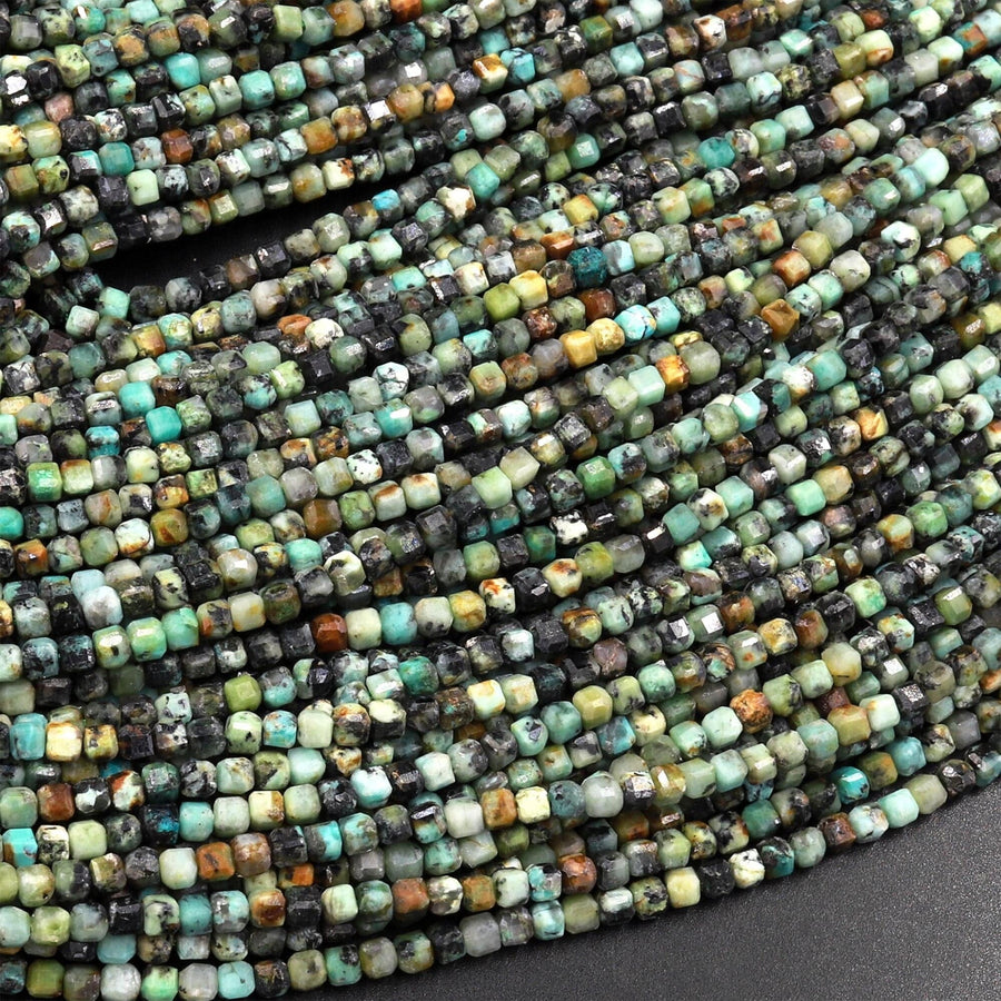 Natural African Turquoise Faceted 2mm Cube Dice Square Beads Micro Faceted Laser Diamond Cut 15.5" Strand