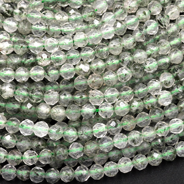 Micro Faceted Natural Green Phantom Quartz Round Beads 3mm 4mm 15.5" Strand