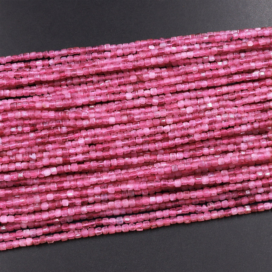 AAA Natural Pink Tourmaline Faceted 2mm Cube Square Dice Beads Gemstone 15.5" Strand
