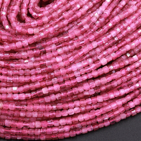 AAA Natural Pink Tourmaline Faceted 2mm Cube Square Dice Beads Gemstone 15.5" Strand