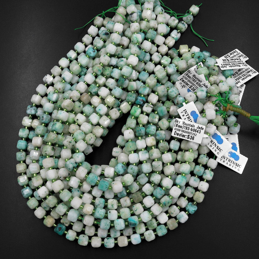 Natural Sky Mountain Jade Faceted 8mm Cube Beads Gemstone 15.5" Strand