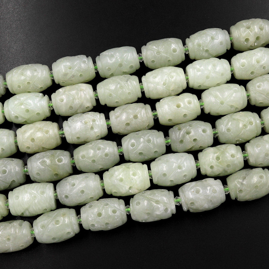 Hand Carved Natural Sage Green Serptentine Jade Beads 15.5" Strand