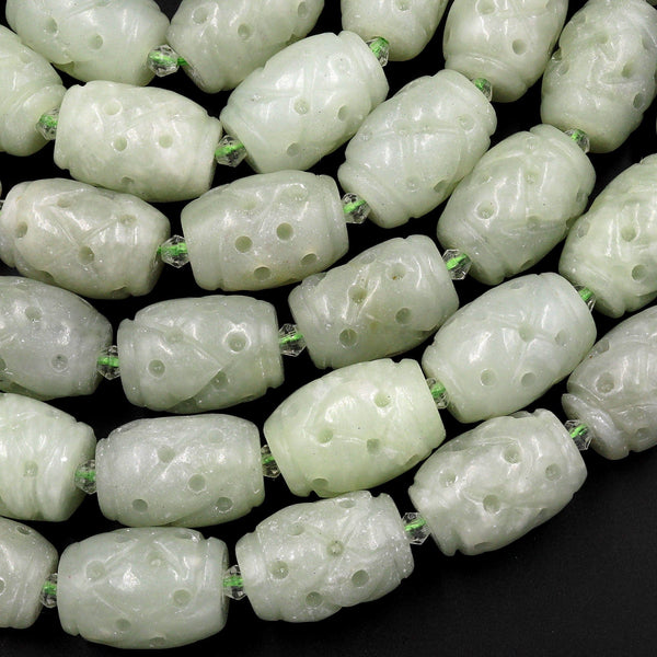 Hand Carved Natural Sage Green Serptentine Jade Beads 15.5" Strand