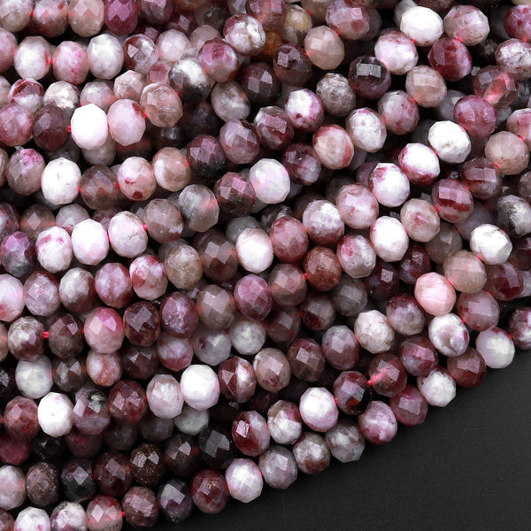 Faceted Natural Red Pink Rubellite Tourmaline 6mm Rondelle Beads Micro Diamond Cut Gemstone 15.5" Strand