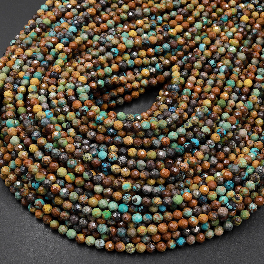 Natural Turquoise 4mm Faceted Round Beads Real Genuine Natural Brown Green Turquoise Micro Faceted Cut 15.5" Strand