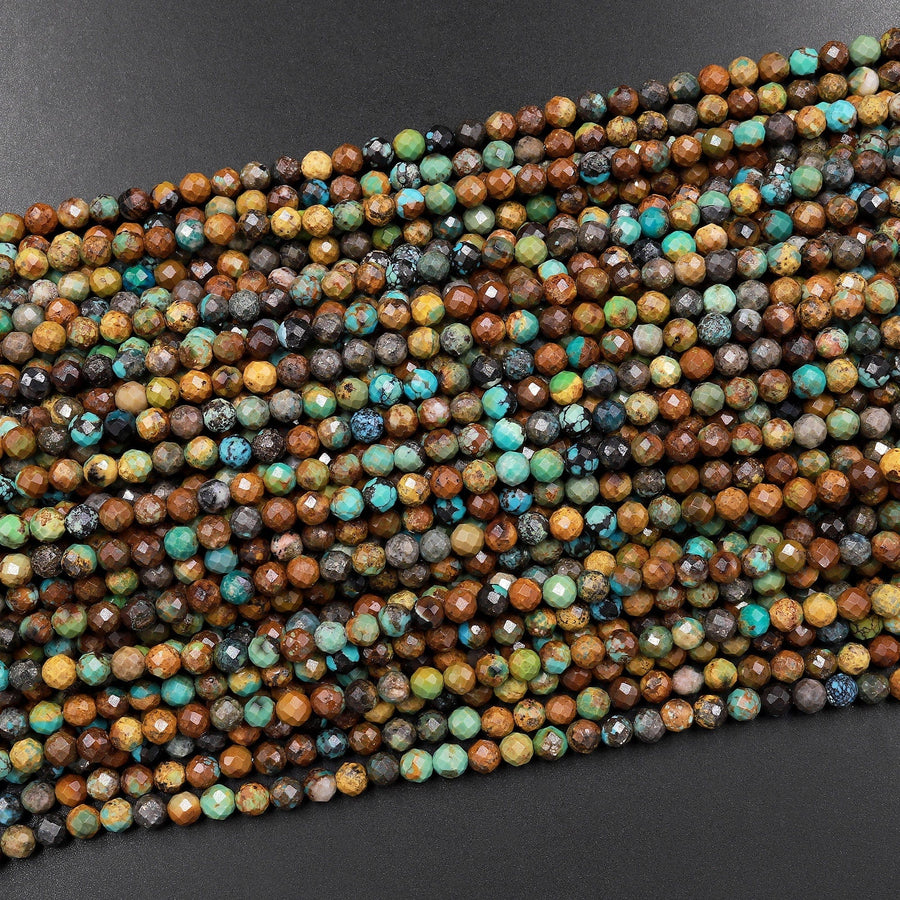 Natural Turquoise 4mm Faceted Round Beads Real Genuine Natural Brown Green Turquoise Micro Faceted Cut 15.5" Strand