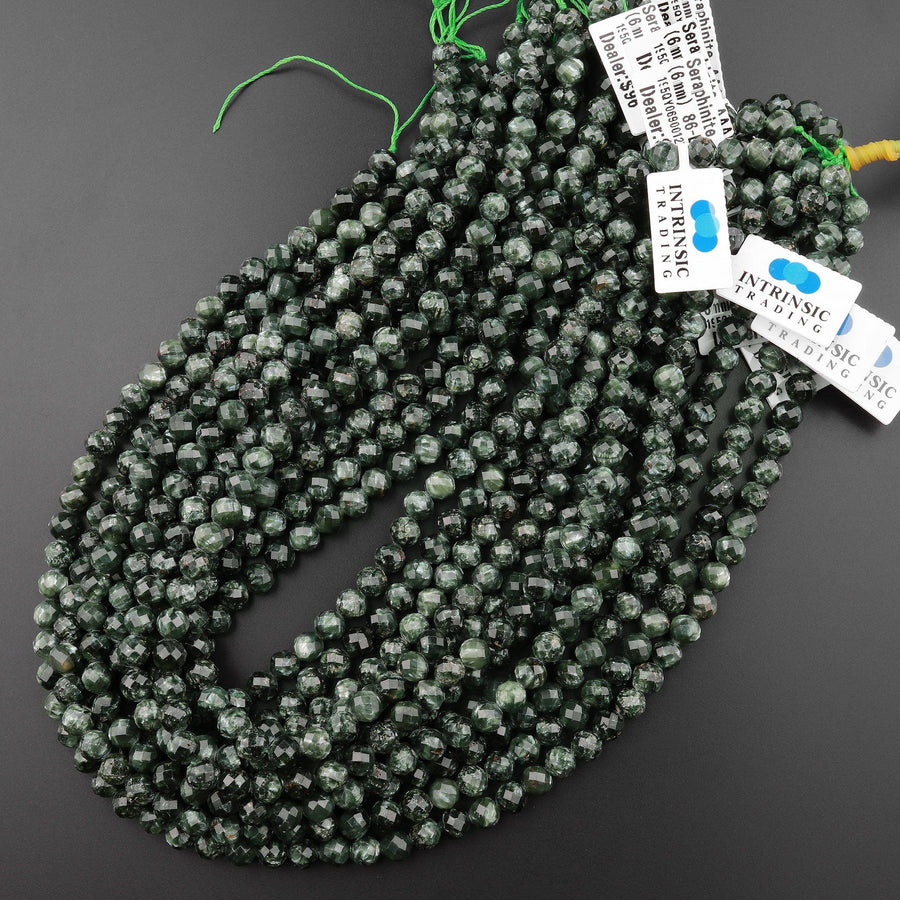 AAA Natural Green Seraphinite Faceted Round Beads 3mm 4mm 6mm Gemstone From Russia 15.5" Strand