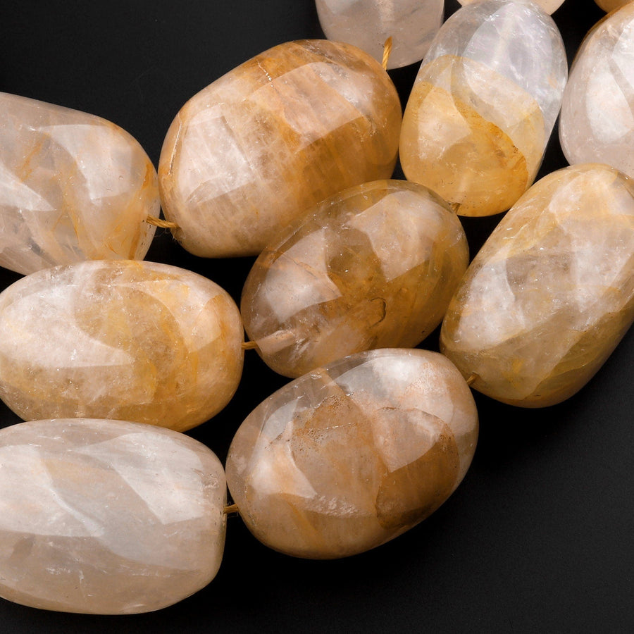Large Natural Golden Quartz Smooth Oval Nugget Beads 15.5" Strand