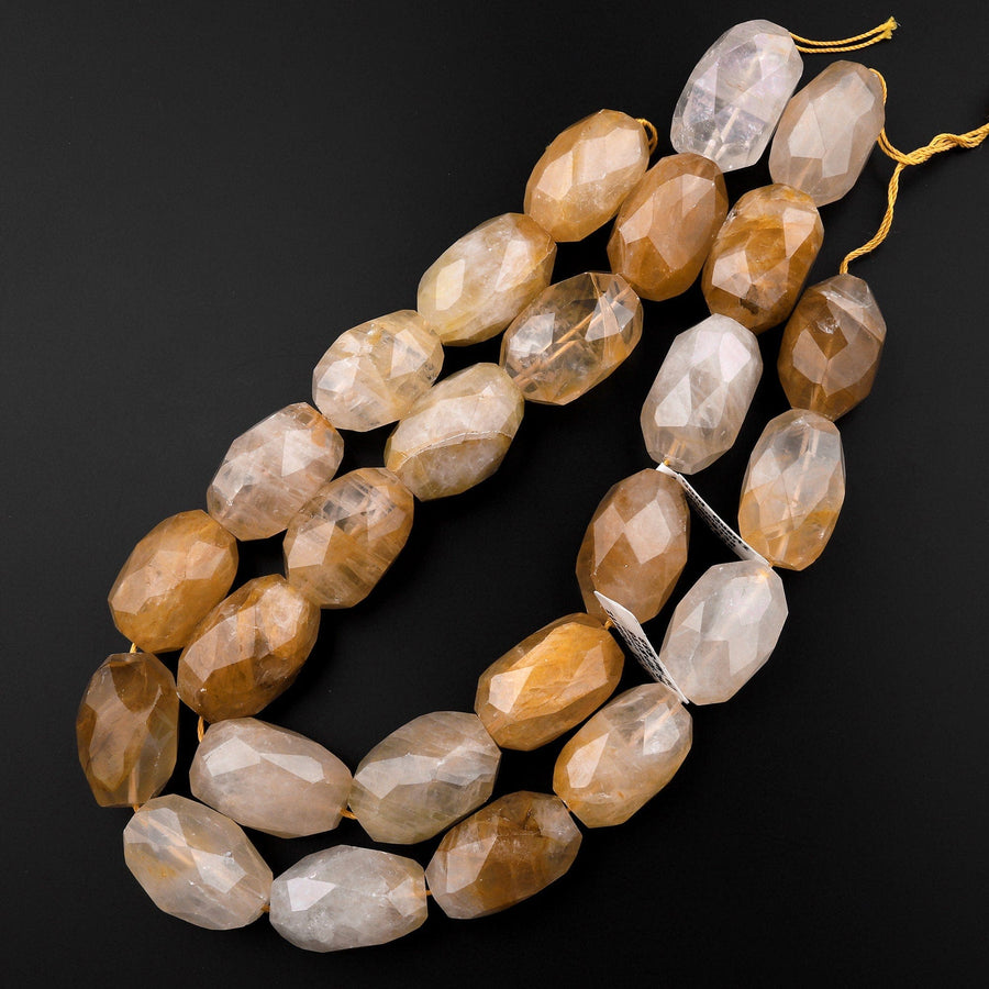 Large Faceted Natural Golden Quartz Oval Nugget Beads 15.5" Strand