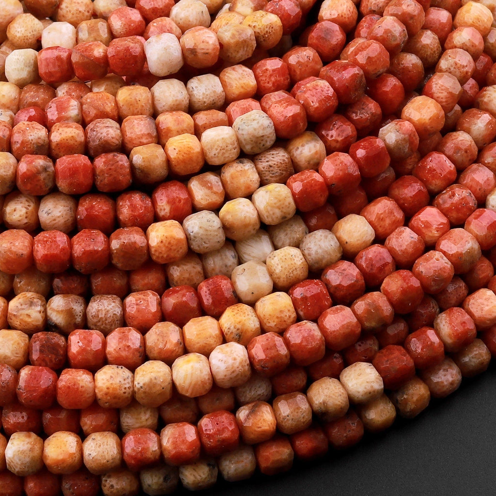 AAA Faceted Natural Golden Orange Red Fossil Coral 4mm Cube Beads Multicolor Gemstone 15.5" Strand