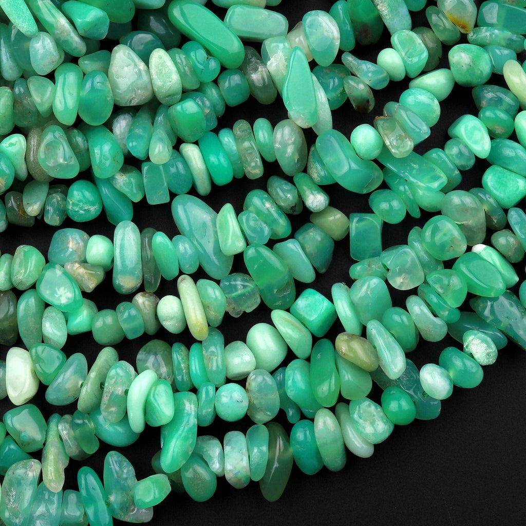 Natural Australian Green Chrysoprase Beads Freeform Pebble Chip Nuggets 15.5" Strand