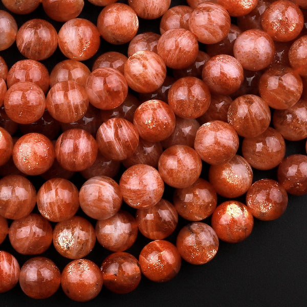 AAA+ Fiery Natural Sunstone Round Beads 6mm 8mm Feldspar Golden Glitters Orange Red Gemstone 15.5" Strand
