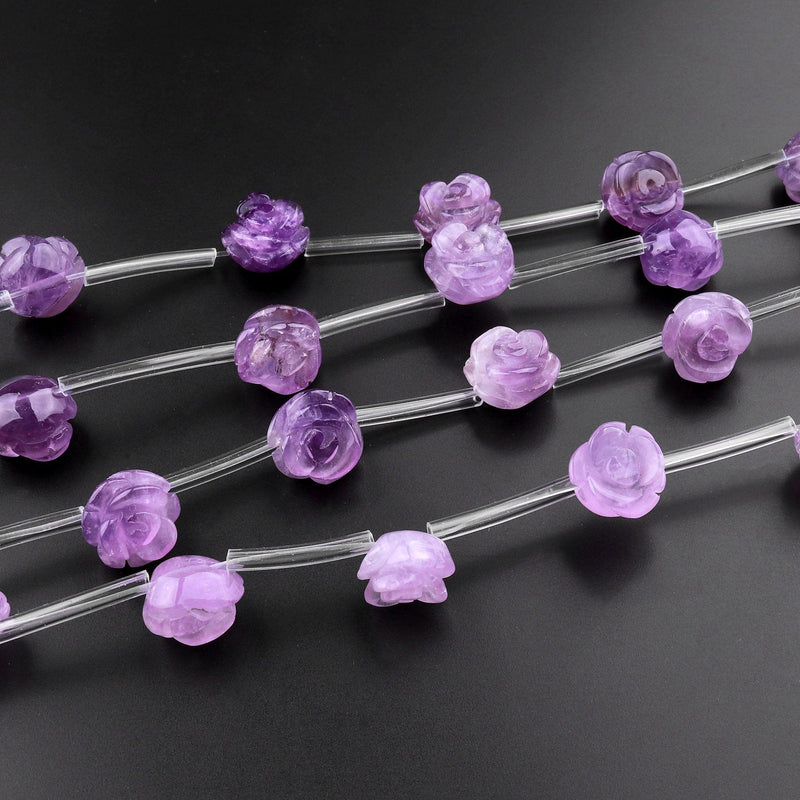 Natural Purple Amethyst Hand Carved Rose Flower Gemstone Beads 8mm 10mm 12mm Choose from 5pcs, 10pcs