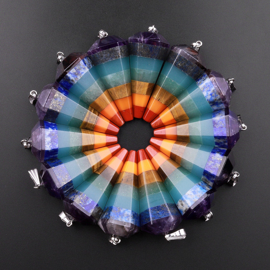 AAA Rainbow Chakra Crystal Pendant Healing Stone Pendulum Tower Point