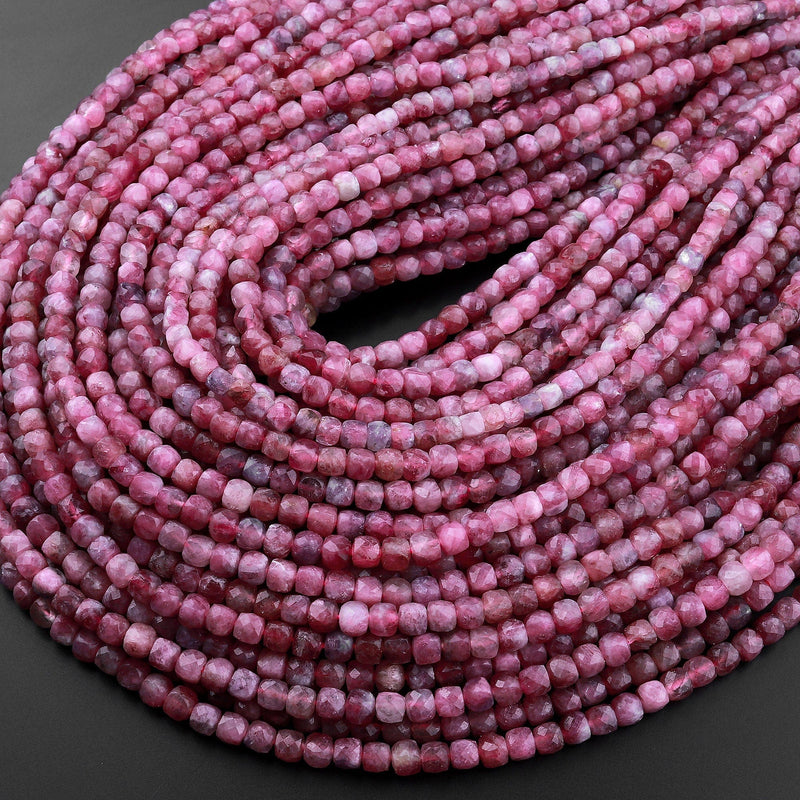 Natural Pink Tourmaline Faceted 4mm Cube Square Dice Beads Gemstone 15.5" Strand