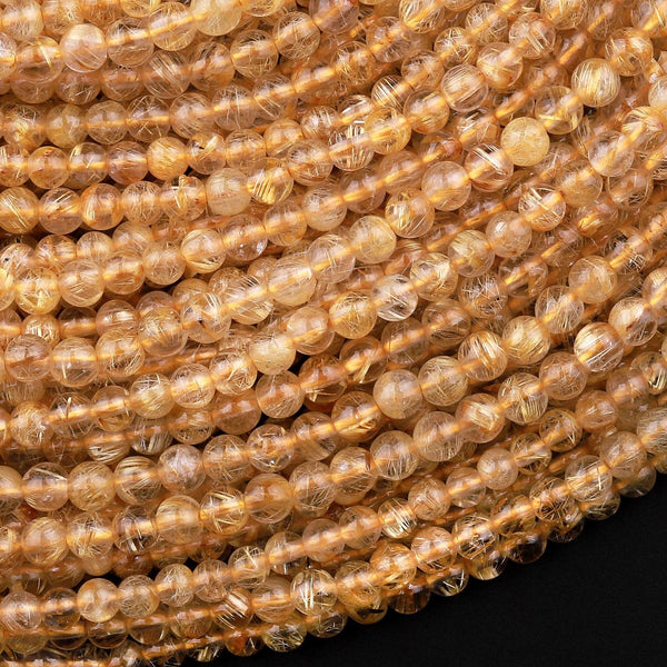 AAA Natural Golden Rutilated Quartz 3mm Round Beads Sharp Rutile Hair Needle 15.5" Strand