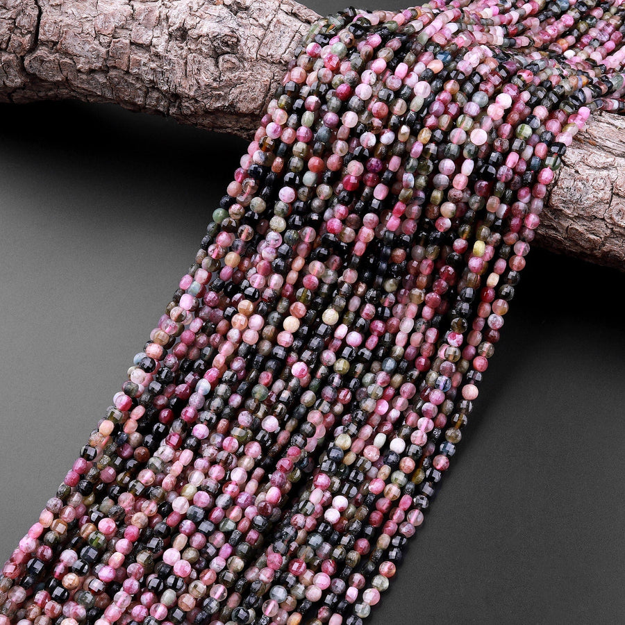 Faceted NaturalTourmaline Coin Beads 3mm 4mm 15.5" Strand