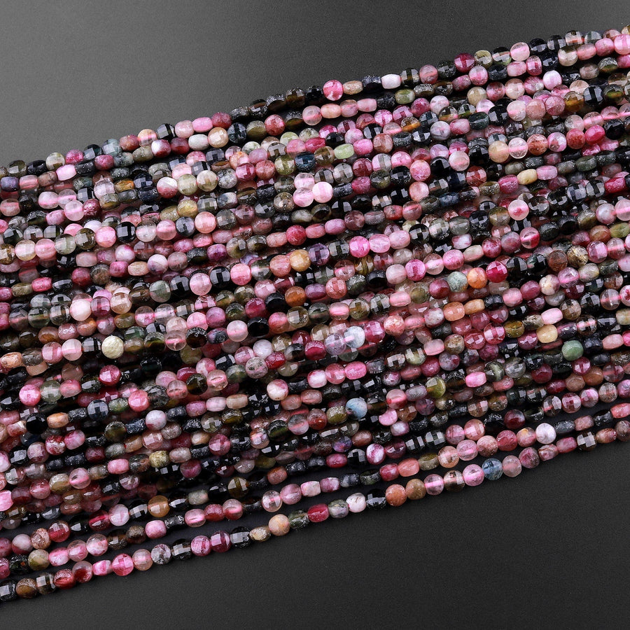 Faceted NaturalTourmaline Coin Beads 3mm 4mm 15.5" Strand