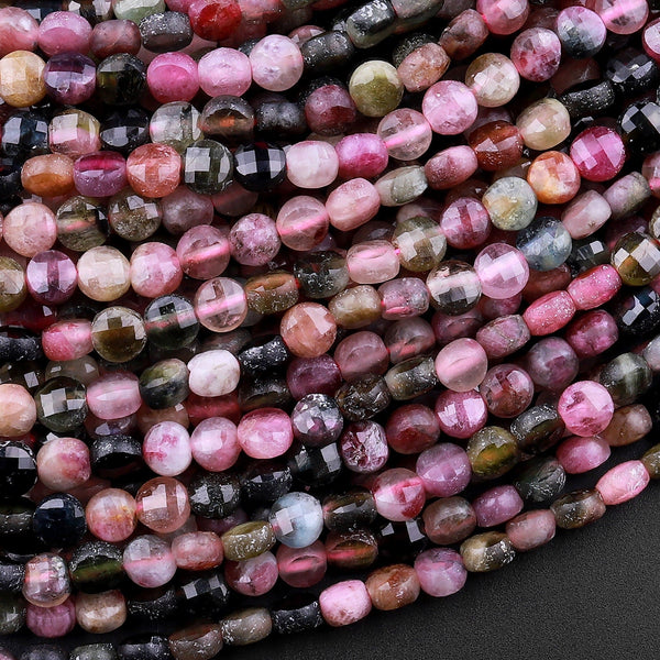 Faceted NaturalTourmaline Coin Beads 3mm 4mm 15.5" Strand