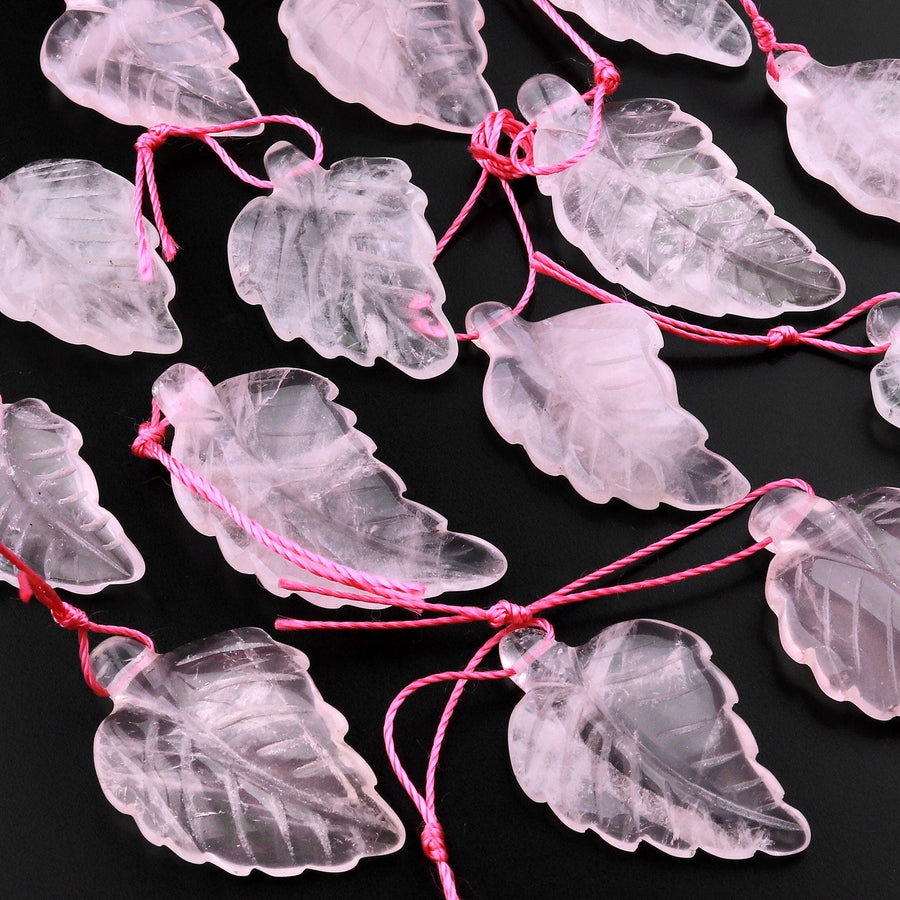 Hand Carved Natural Rose Quartz Leaf Pendant Bead Drilled Gemstone