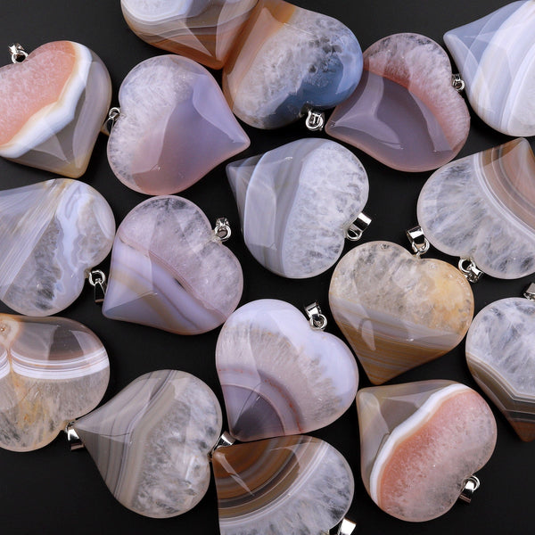 AAA Natural Phantom Agate Geode Drusy Pendant Heart Shape Gemstone