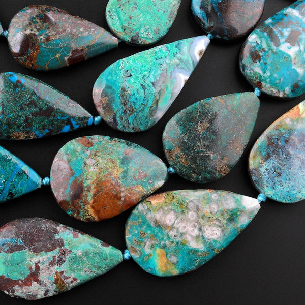 Large Natural Chrysocolla Teardrop Beads From Arizona Real Genuine Green Blue Gemstone 15.5" Strand