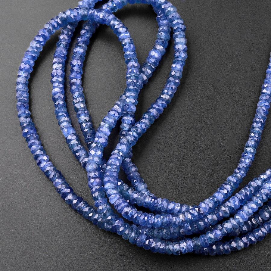 AAA Natural Blue Sapphire Faceted 3mm Rondelle Beads Micro Laser Diamond Cut Genuine Gemstone 15.5" Strand