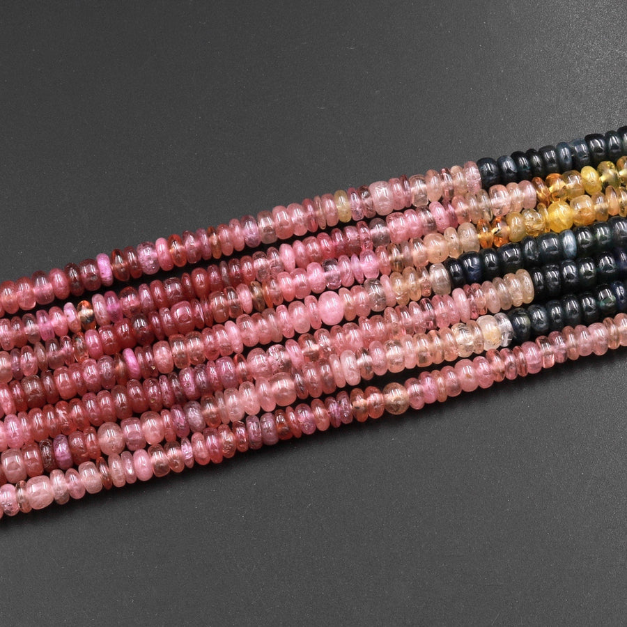 Natural MultiColor Red Pink Yellow Blue Sapphire Smooth Rondelle 3mm 4mm Gemstone Beads